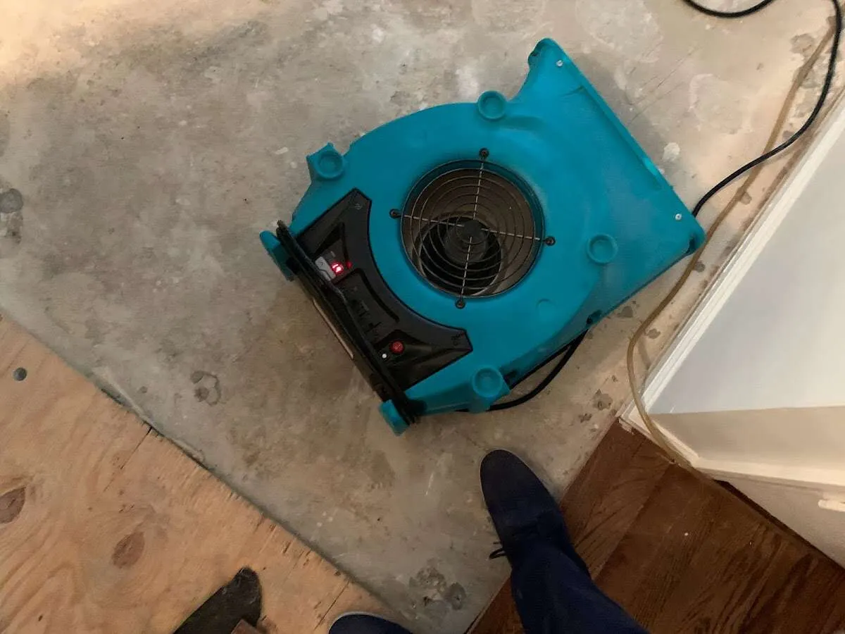 Air mover drying subfloor during Commercial Water Damage Restoration in Palm Desert
